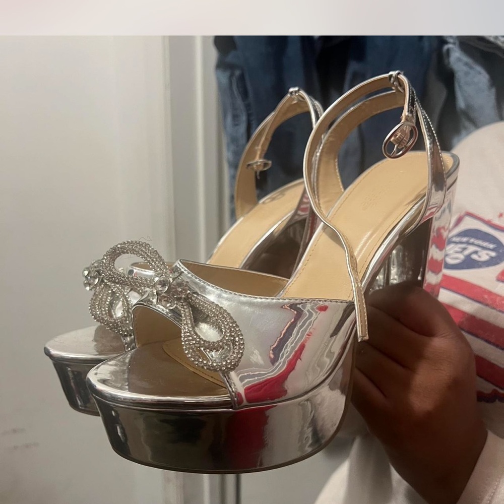 Silver platform open toe heels